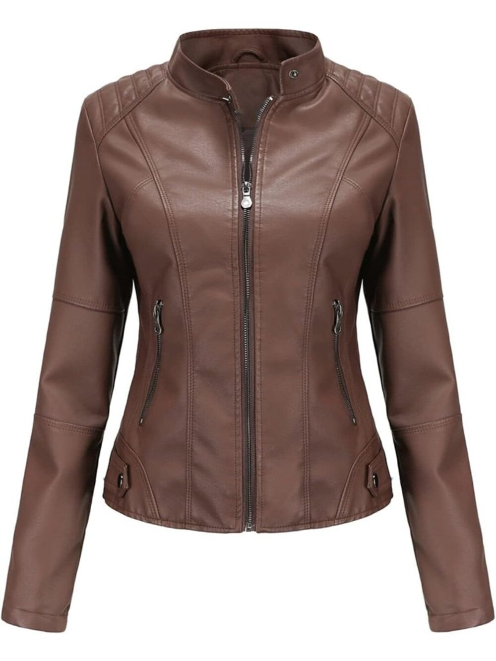 Women's Brown Faux Leather Belted Suitable Motorcycle Long Sleeve Bomber Jacket